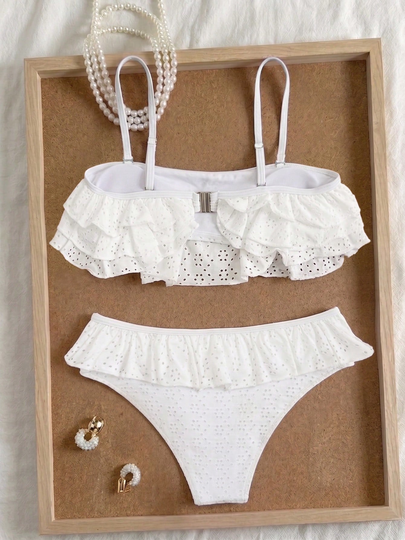 Bonvoyette Women's Spring/Summer Jacquard Fabric Spaghetti Strap Bandeau Pleated Bikini Set