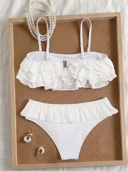 Bonvoyette Women's Spring/Summer Jacquard Fabric Spaghetti Strap Bandeau Pleated Bikini Set