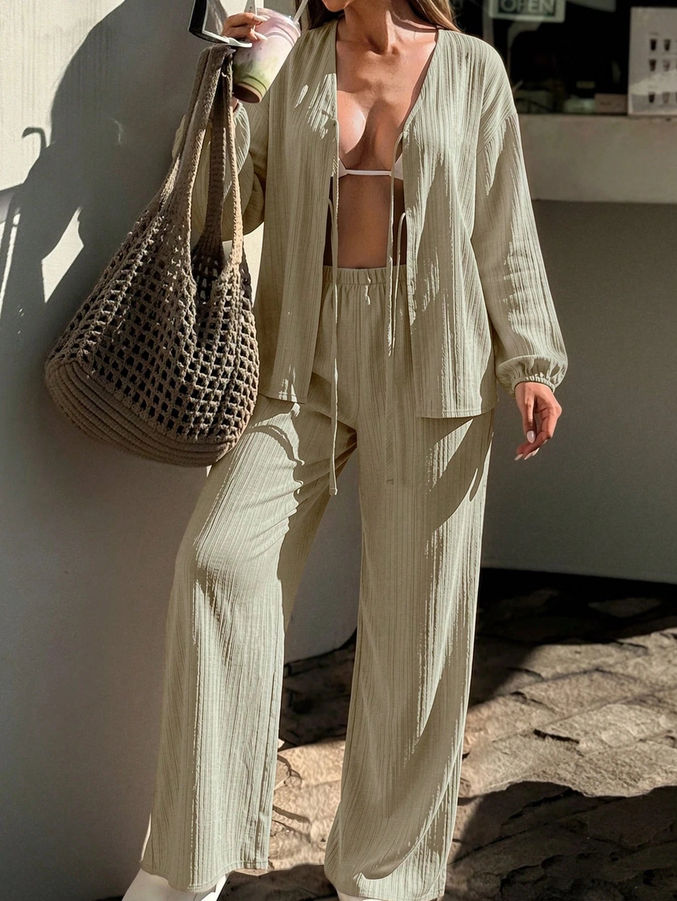 Bonvoyette Women's Spring/Summer Long Sleeve Tie-Front Casual Vacation Beach Cover-Up Set
