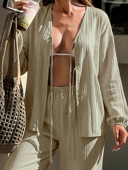 Bonvoyette Women's Spring/Summer Long Sleeve Tie-Front Casual Vacation Beach Cover-Up Set