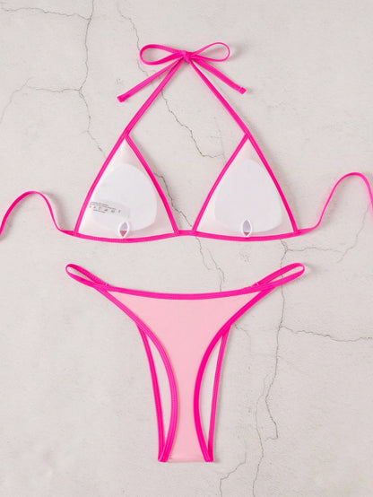 Bonvoyette Women's Summer Beach Colorblock Halter Neck Tie Sexy Bikini And Triangle Bottom Two-Piece Swimsuit Set