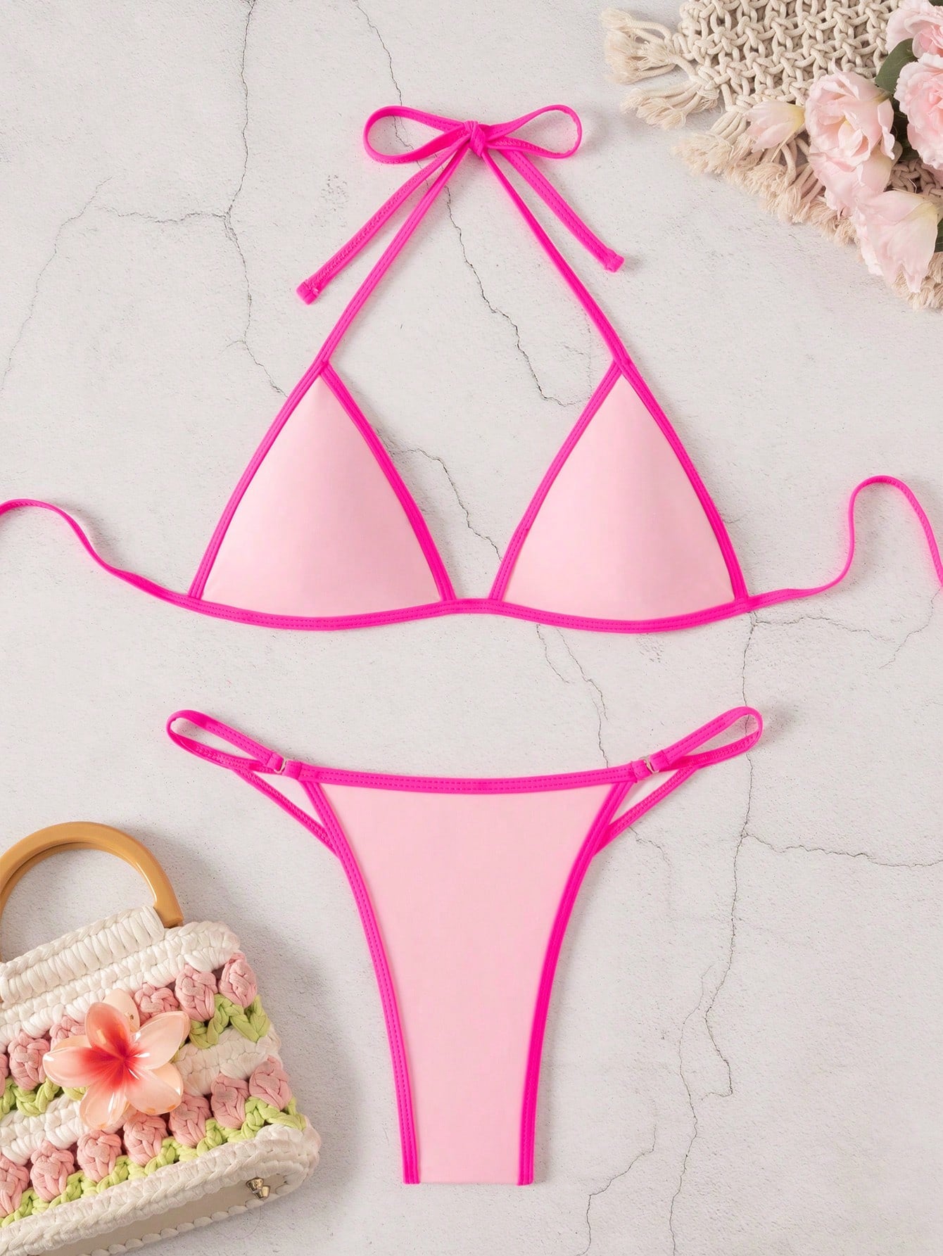 Bonvoyette Women's Summer Beach Colorblock Halter Neck Tie Sexy Bikini And Triangle Bottom Two-Piece Swimsuit Set