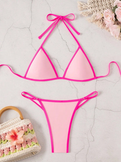 Bonvoyette Women's Summer Beach Colorblock Halter Neck Tie Sexy Bikini And Triangle Bottom Two-Piece Swimsuit Set
