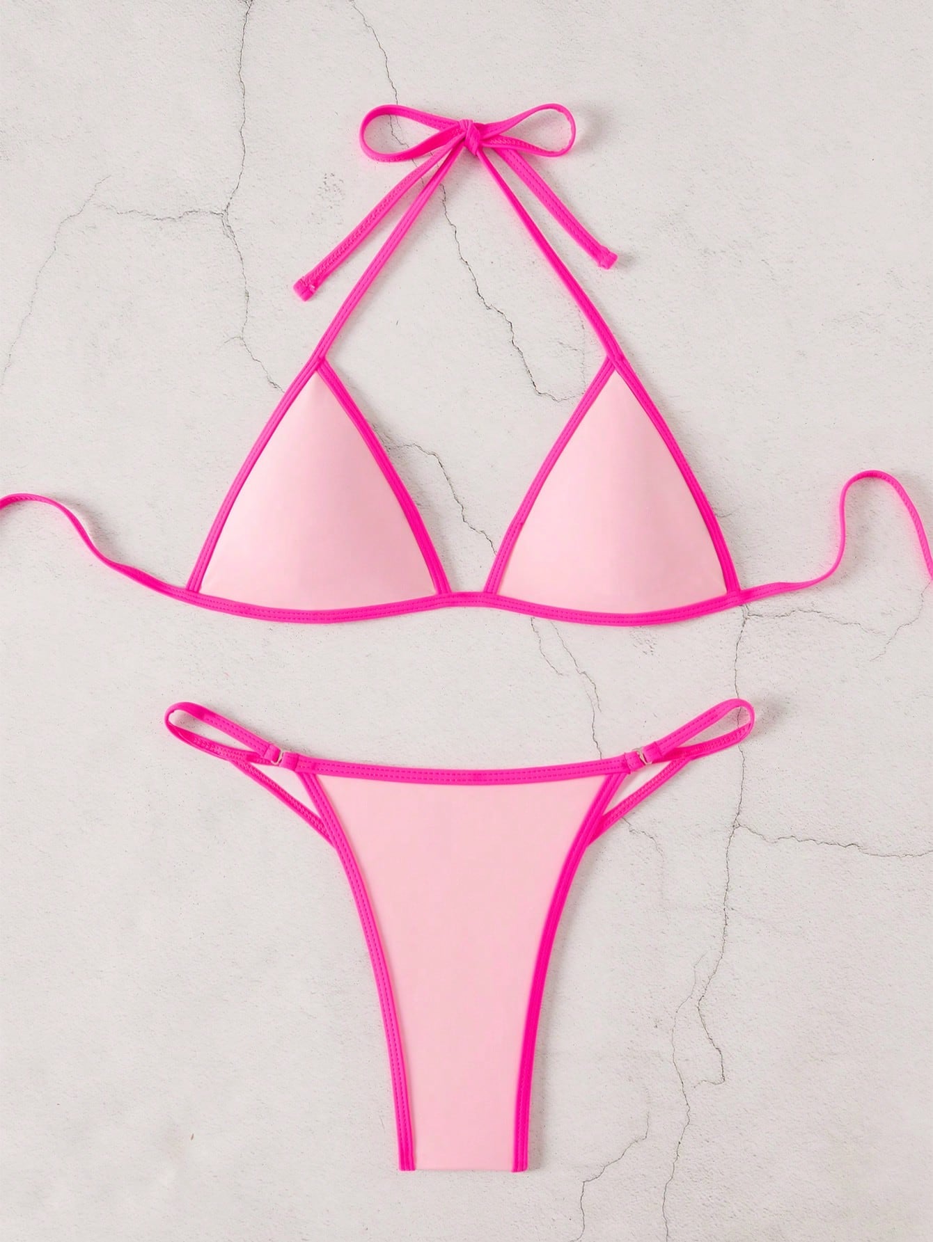 Bonvoyette Women's Summer Beach Colorblock Halter Neck Tie Sexy Bikini And Triangle Bottom Two-Piece Swimsuit Set