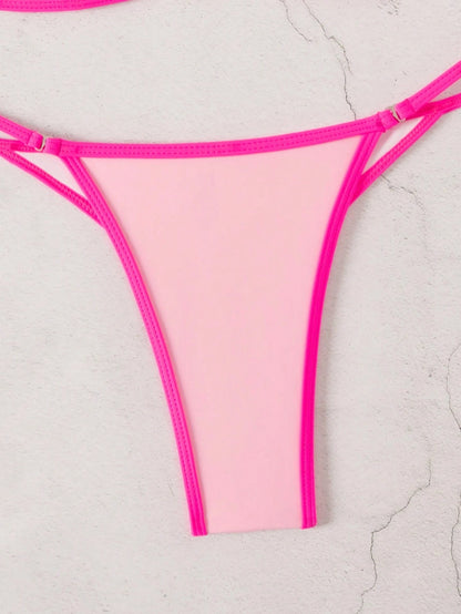 Bonvoyette Women's Summer Beach Colorblock Halter Neck Tie Sexy Bikini And Triangle Bottom Two-Piece Swimsuit Set