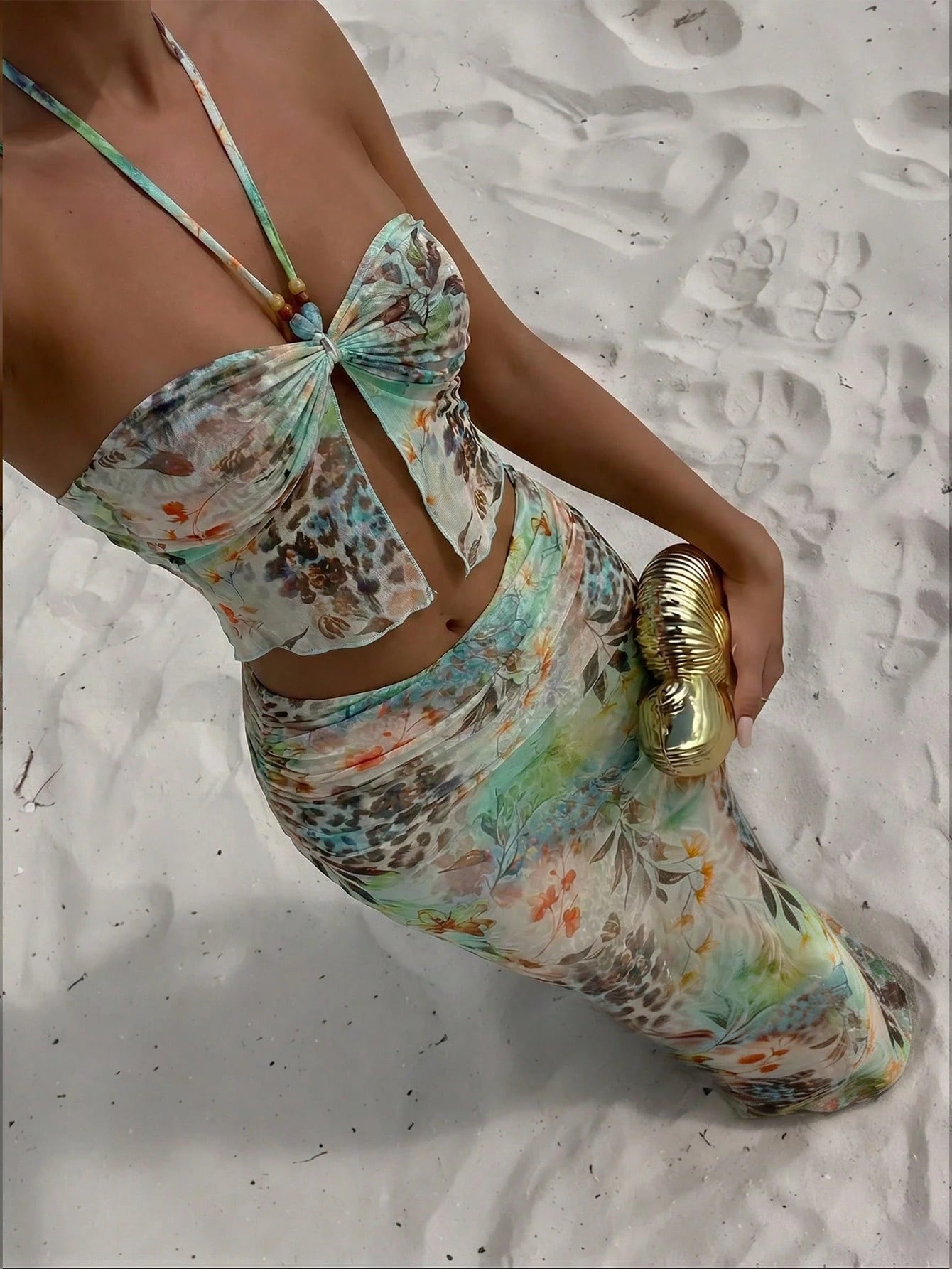 Bonvoyette Women's Summer Boho Green Multicolor Animal & Floral Print Semi-Sheer Mesh 3-Piece Swimwear Set,Ruched Wrap Skirt Beach Vacation Holiday Outfits