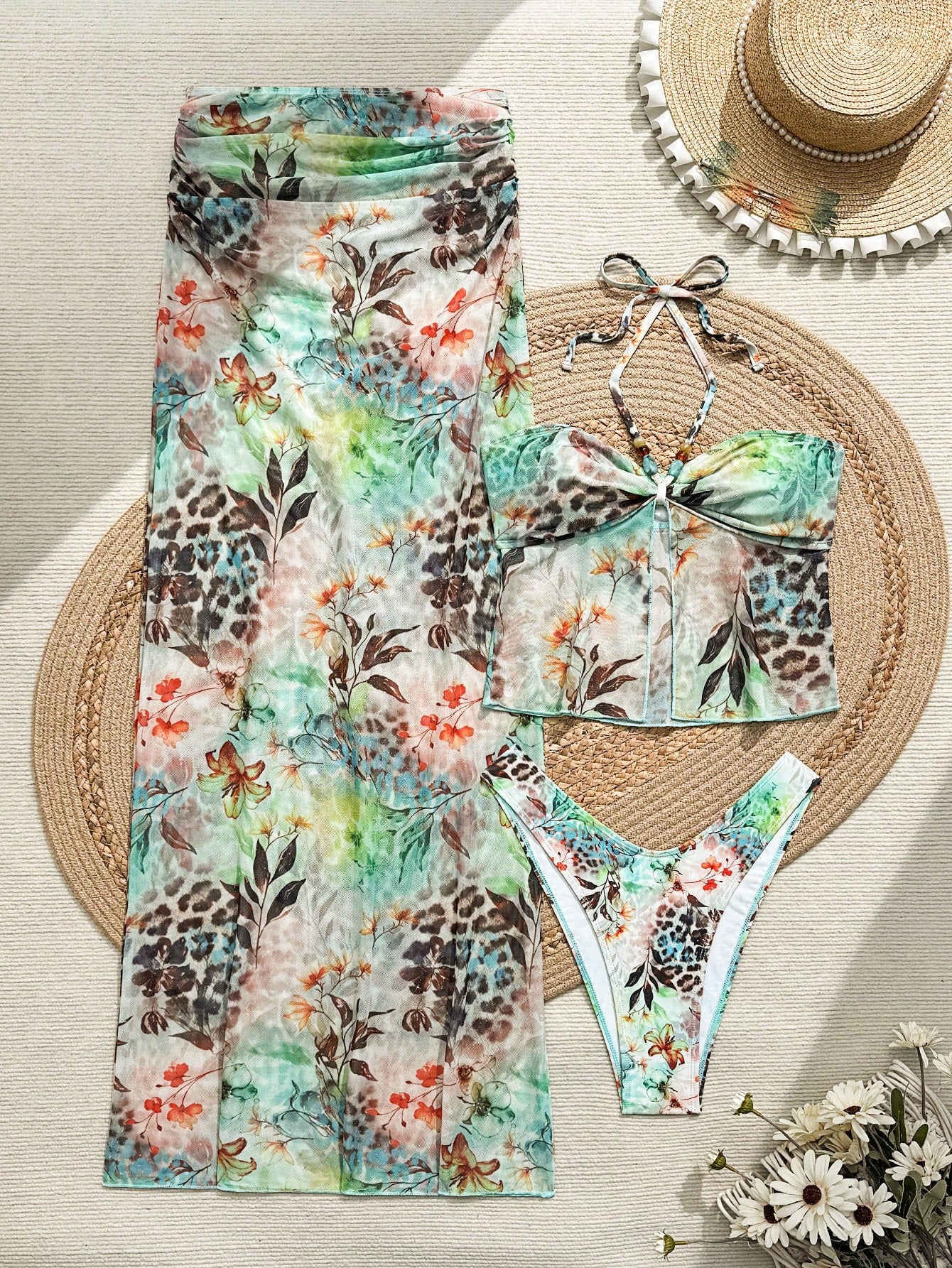 Bonvoyette Women's Summer Boho Green Multicolor Animal & Floral Print Semi-Sheer Mesh 3-Piece Swimwear Set,Ruched Wrap Skirt Beach Vacation Holiday Outfits