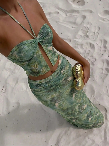 Bonvoyette Women's Summer Boho Green Multicolor Animal & Floral Print Semi-Sheer Mesh 3-Piece Swimwear Set,Ruched Wrap Skirt Beach Vacation Holiday Outfits