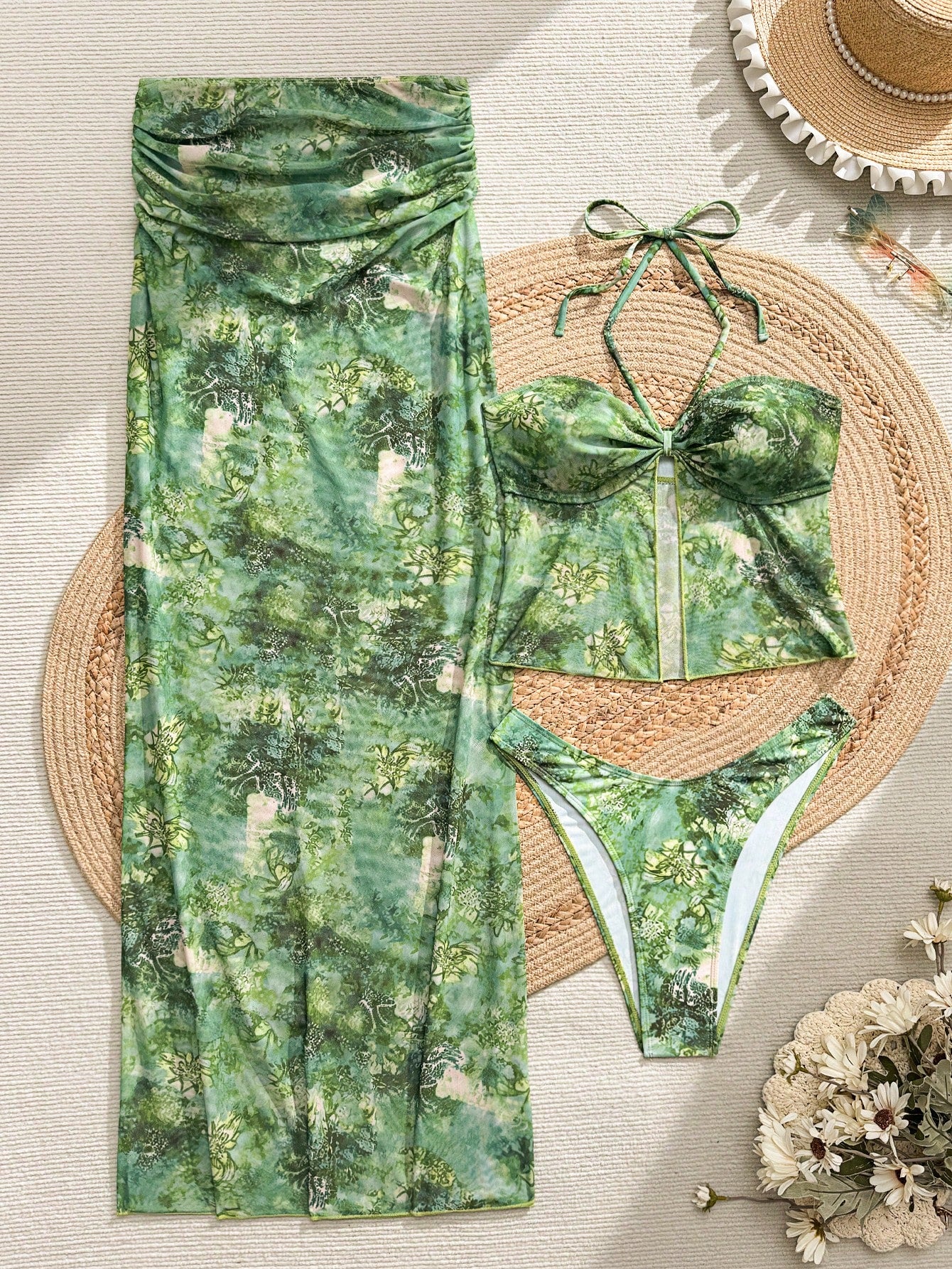 Bonvoyette Women's Summer Boho Green Multicolor Animal & Floral Print Semi-Sheer Mesh 3-Piece Swimwear Set,Ruched Wrap Skirt Beach Vacation Holiday Outfits