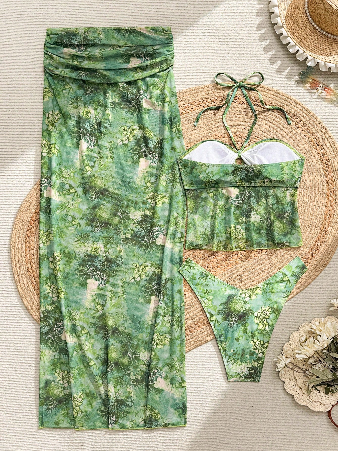 Bonvoyette Women's Summer Boho Green Multicolor Animal & Floral Print Semi-Sheer Mesh 3-Piece Swimwear Set,Ruched Wrap Skirt Beach Vacation Holiday Outfits