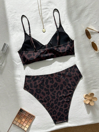 Bonvoyette Women's Summer Brown Leopard Print Spaghetti Strap Sexy Bikini Swimsuit 2-Piece Set, Beach Vacation Swimwear