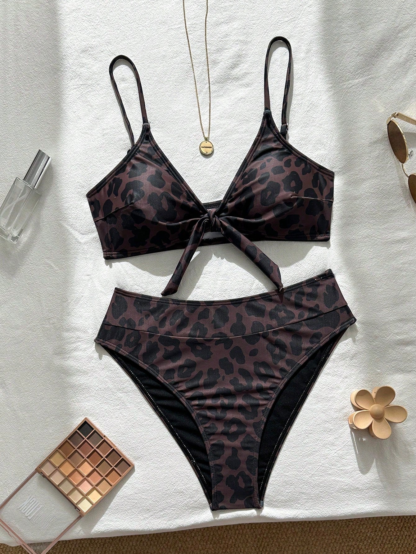 Bonvoyette Women's Summer Brown Leopard Print Spaghetti Strap Sexy Bikini Swimsuit 2-Piece Set, Beach Vacation Swimwear