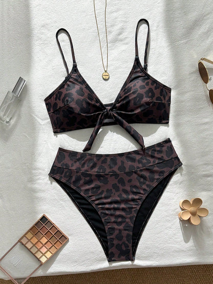 Bonvoyette Women's Summer Brown Leopard Print Spaghetti Strap Sexy Bikini Swimsuit 2-Piece Set, Beach Vacation Swimwear