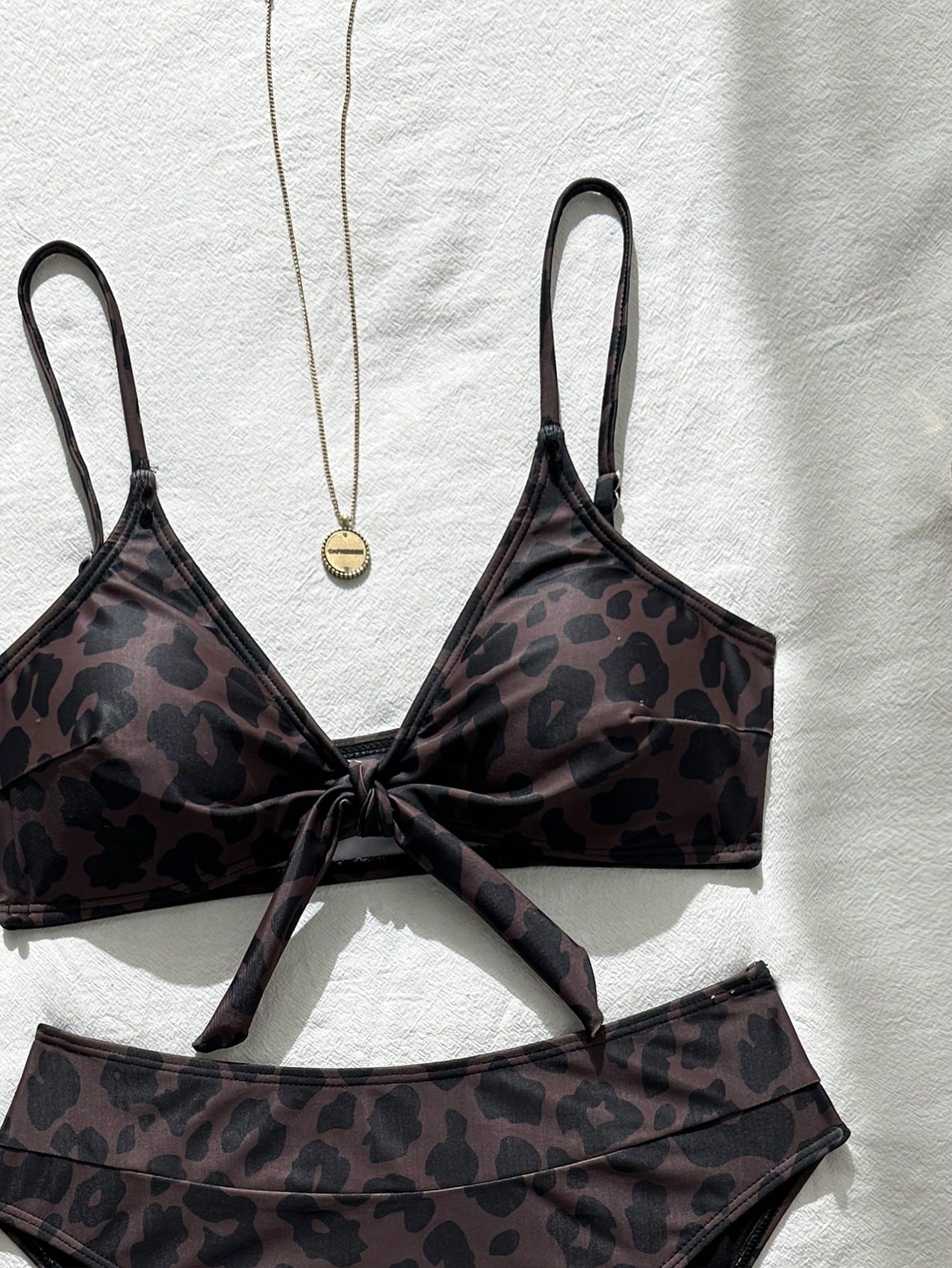 Bonvoyette Women's Summer Brown Leopard Print Spaghetti Strap Sexy Bikini Swimsuit 2-Piece Set, Beach Vacation Swimwear