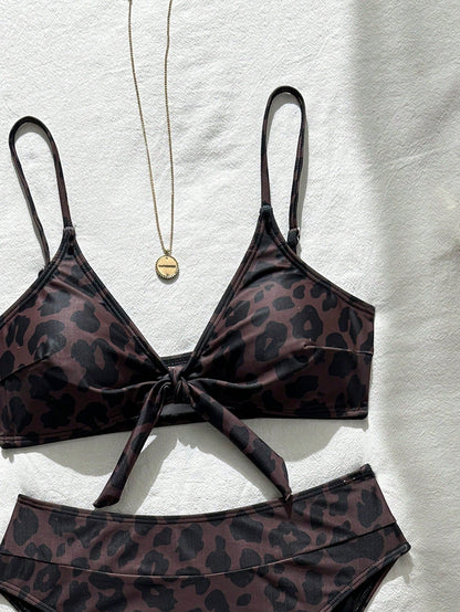 Bonvoyette Women's Summer Brown Leopard Print Spaghetti Strap Sexy Bikini Swimsuit 2-Piece Set, Beach Vacation Swimwear