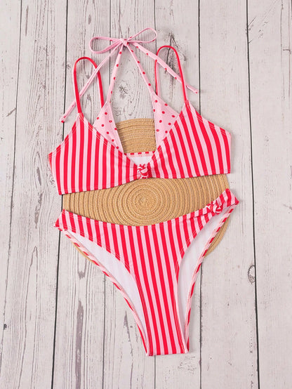 Bonvoyette Women's Summer New Polka Dot Contrast Color Print Sexy Bikini Set, Suitable For Winter, Outings, Birthday Parties, Casual Occasions, Y2K Style, Western Attire, Nightclub Parties, Beach Use