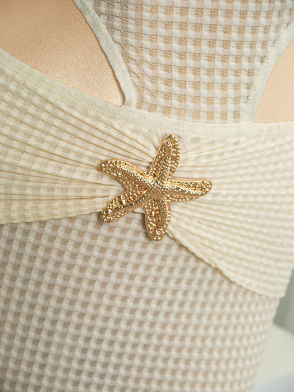 Bonvoyette Women's Summer Pool Party White Beach Cover Up With Gold Starfish Decor, High Quality Fabric, Mature Ladies Swimsuit Dress, Beach Outfit