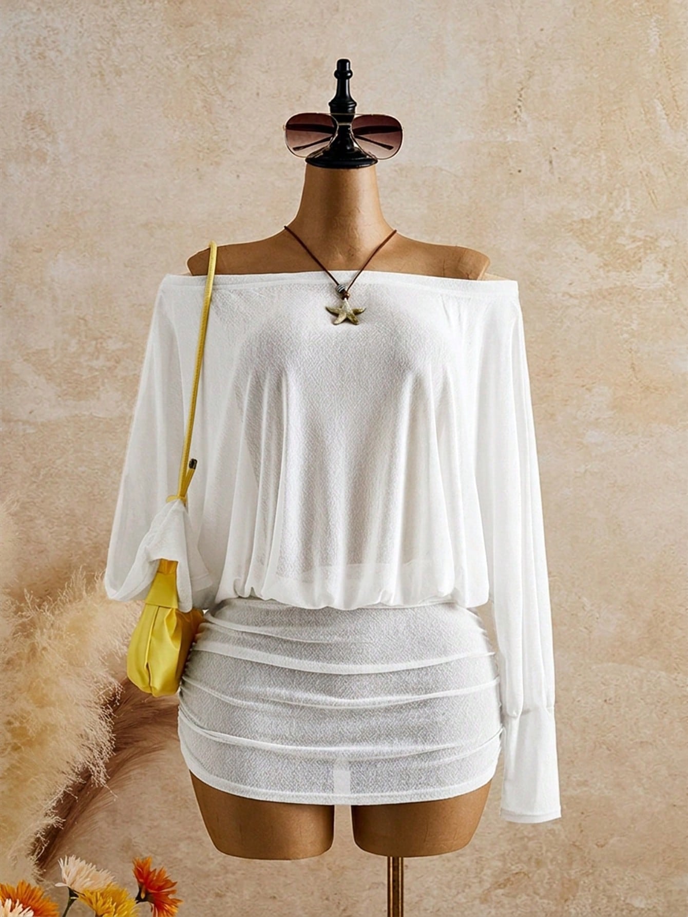 Bonvoyette Women's White Minimalist Tropical Sheer Coverup Holiday Holiday Vacation Summer