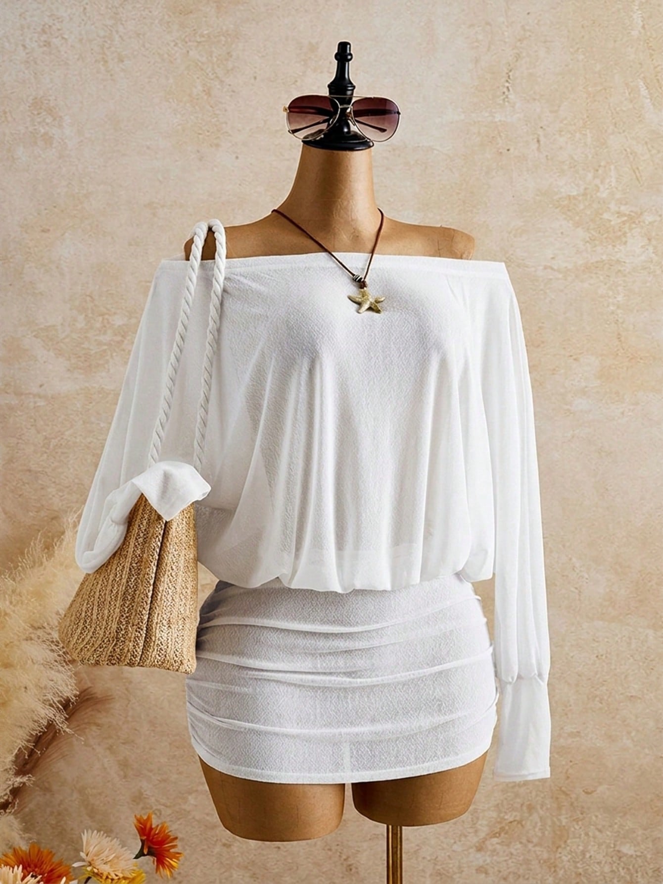 Bonvoyette Women's White Minimalist Tropical Sheer Coverup Holiday Holiday Vacation Summer