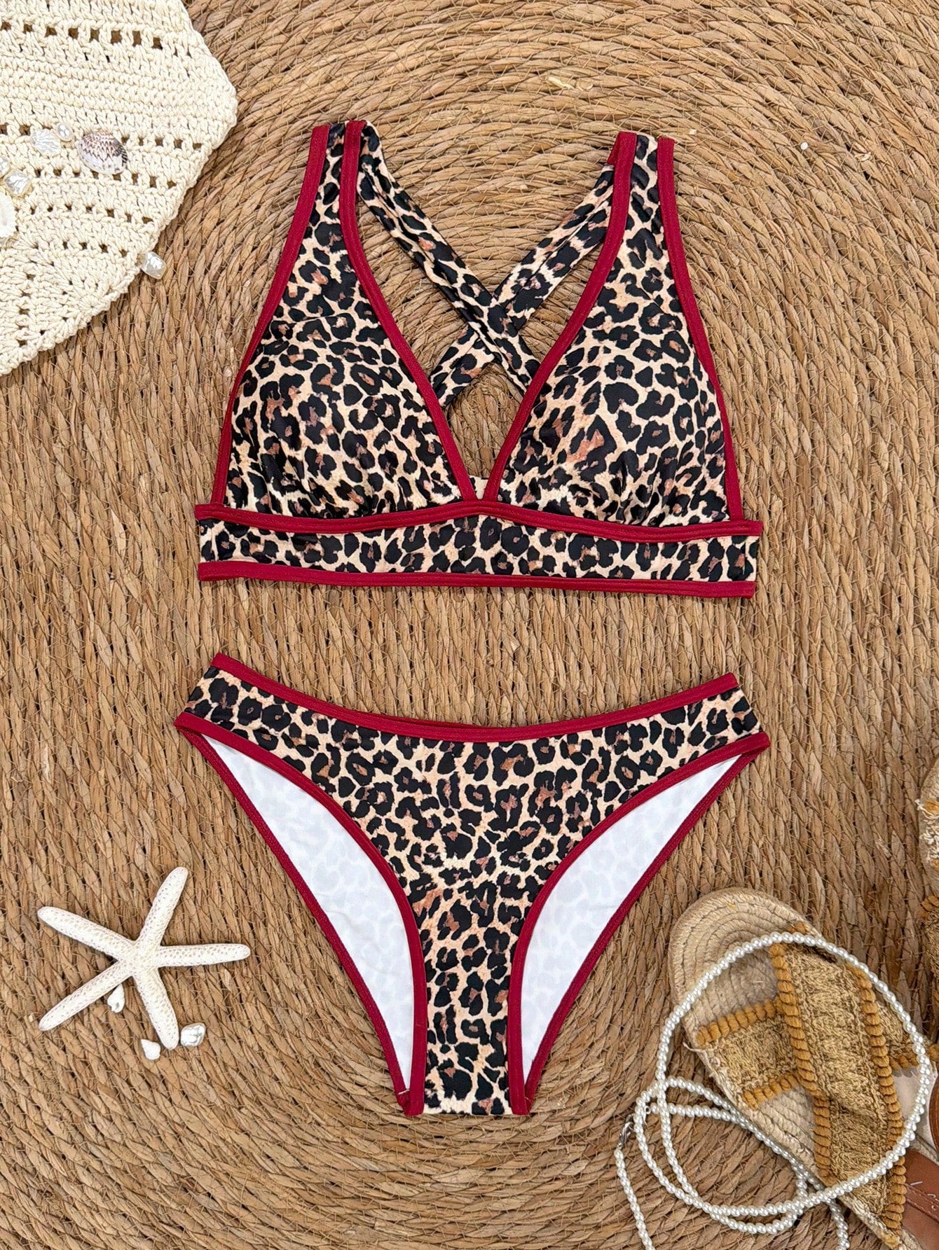 Bonvoyette Women Summer Beach Leopard Print Halter Tie Bikini And Triangle Panty Swimwear Set,Two Pieces Sets Bathing Suit Vacation Outfit Sets Tan Casual