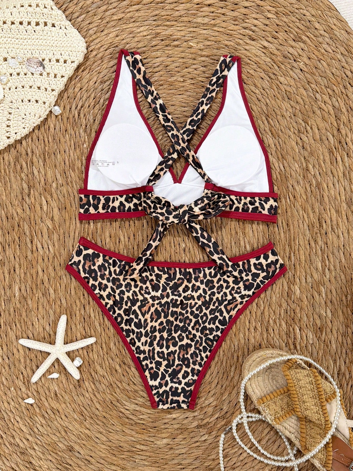 Bonvoyette Women Summer Beach Leopard Print Halter Tie Bikini And Triangle Panty Swimwear Set,Two Pieces Sets Bathing Suit Vacation Outfit Sets Tan Casual