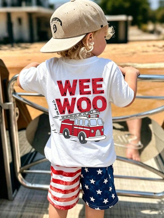 Boys Fire Truck T-Shirt Wee Woo Fire Engine Graphic Tee