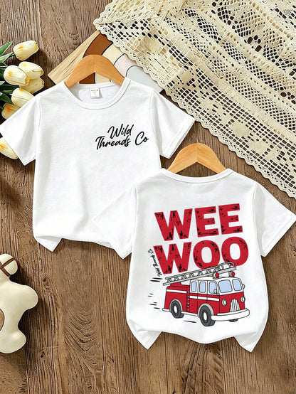Boys Fire Truck T-Shirt Wee Woo Fire Engine Graphic Tee
