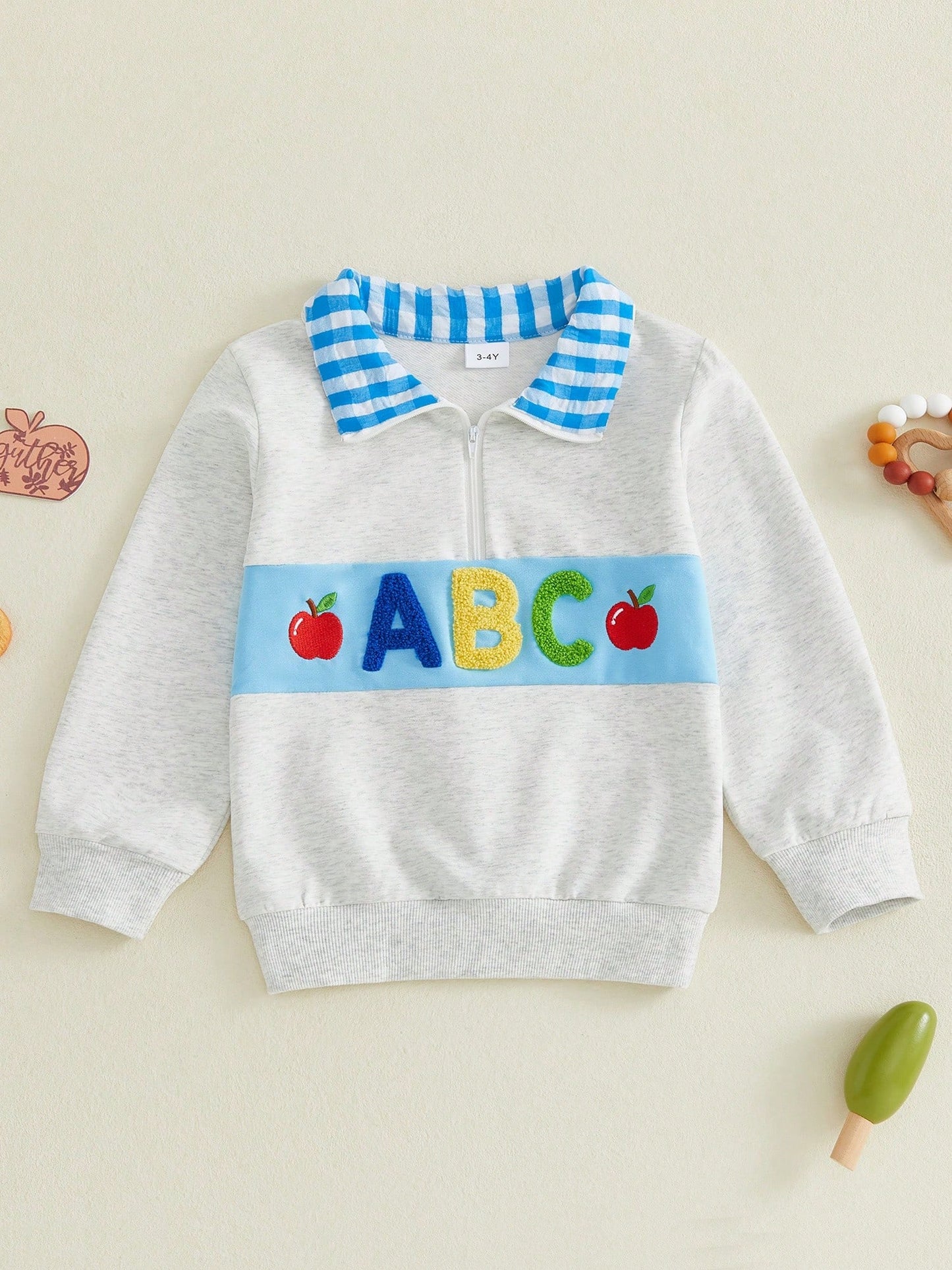 Boys Quarter Zip Sweatshirt Back To School Letter Embroidery Blue Plaid Lapel Long Sleeve Pullover Kids Daily Fall Tops 1-6Y