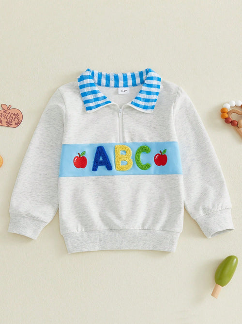 Boys Quarter Zip Sweatshirt Back To School Letter Embroidery Blue Plaid Lapel Long Sleeve Pullover Kids Daily Fall Tops 1-6Y