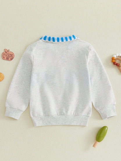 Boys Quarter Zip Sweatshirt Back To School Letter Embroidery Blue Plaid Lapel Long Sleeve Pullover Kids Daily Fall Tops 1-6Y