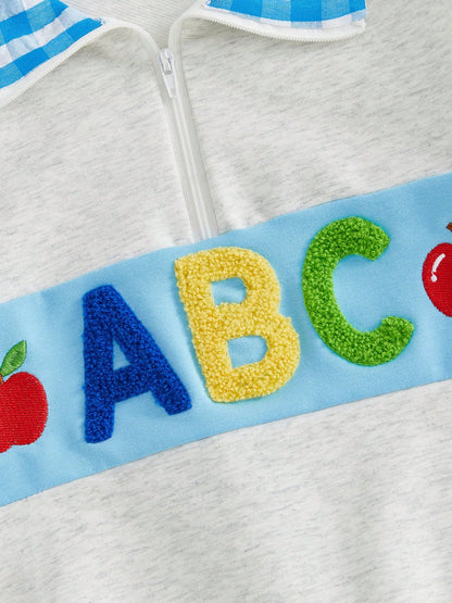 Boys Quarter Zip Sweatshirt Back To School Letter Embroidery Blue Plaid Lapel Long Sleeve Pullover Kids Daily Fall Tops 1-6Y