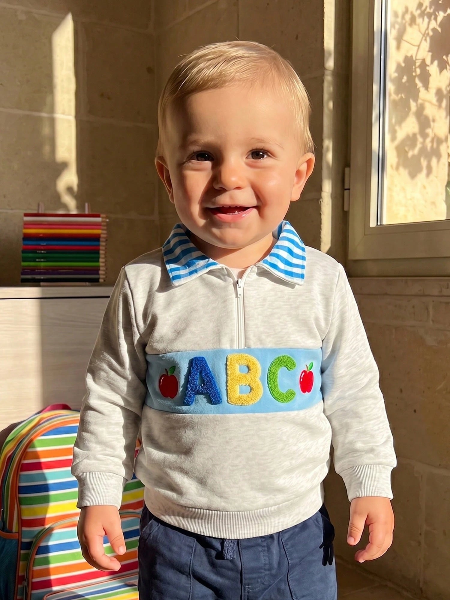 Boys Quarter Zip Sweatshirt Back To School Letter Embroidery Blue Plaid Lapel Long Sleeve Pullover Kids Daily Fall Tops 1-6Y