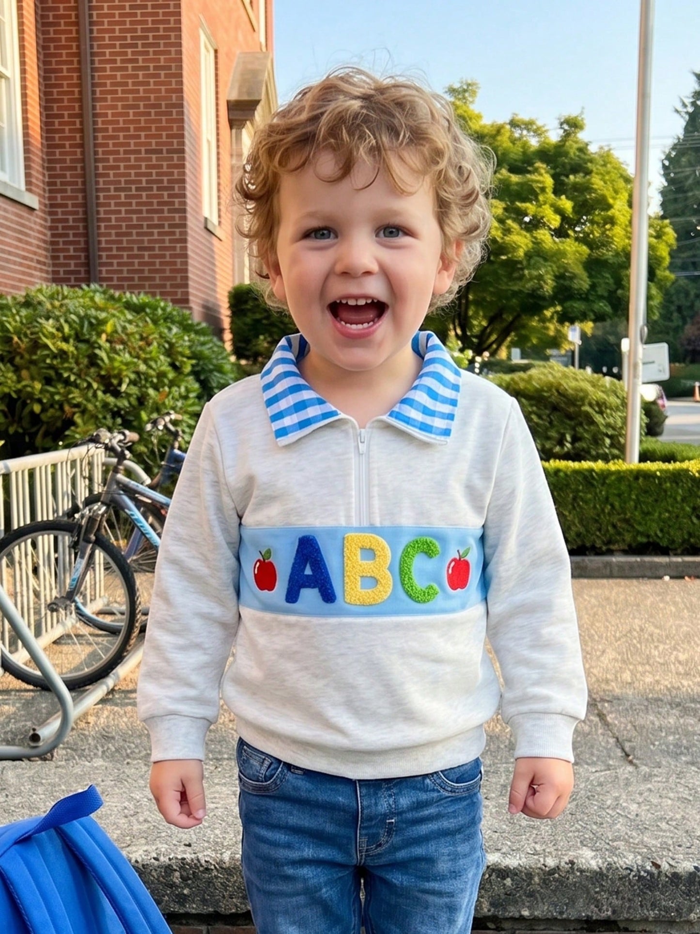 Boys Quarter Zip Sweatshirt Back To School Letter Embroidery Blue Plaid Lapel Long Sleeve Pullover Kids Daily Fall Tops 1-6Y