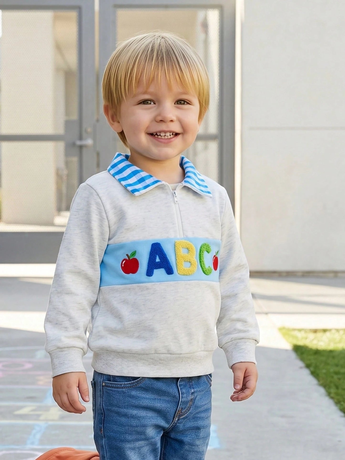 Boys Quarter Zip Sweatshirt Back To School Letter Embroidery Blue Plaid Lapel Long Sleeve Pullover Kids Daily Fall Tops 1-6Y