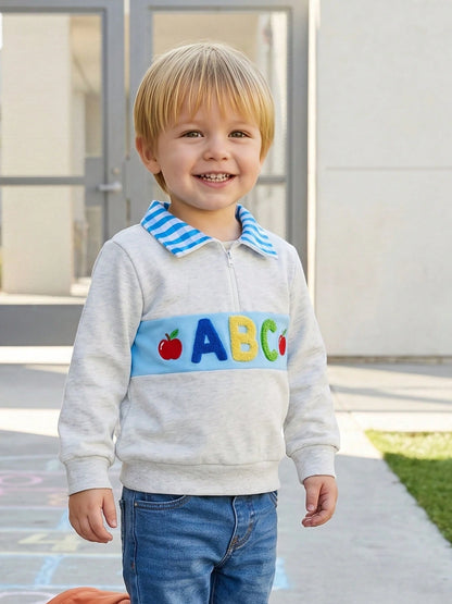 Boys Quarter Zip Sweatshirt Back To School Letter Embroidery Blue Plaid Lapel Long Sleeve Pullover Kids Daily Fall Tops 1-6Y