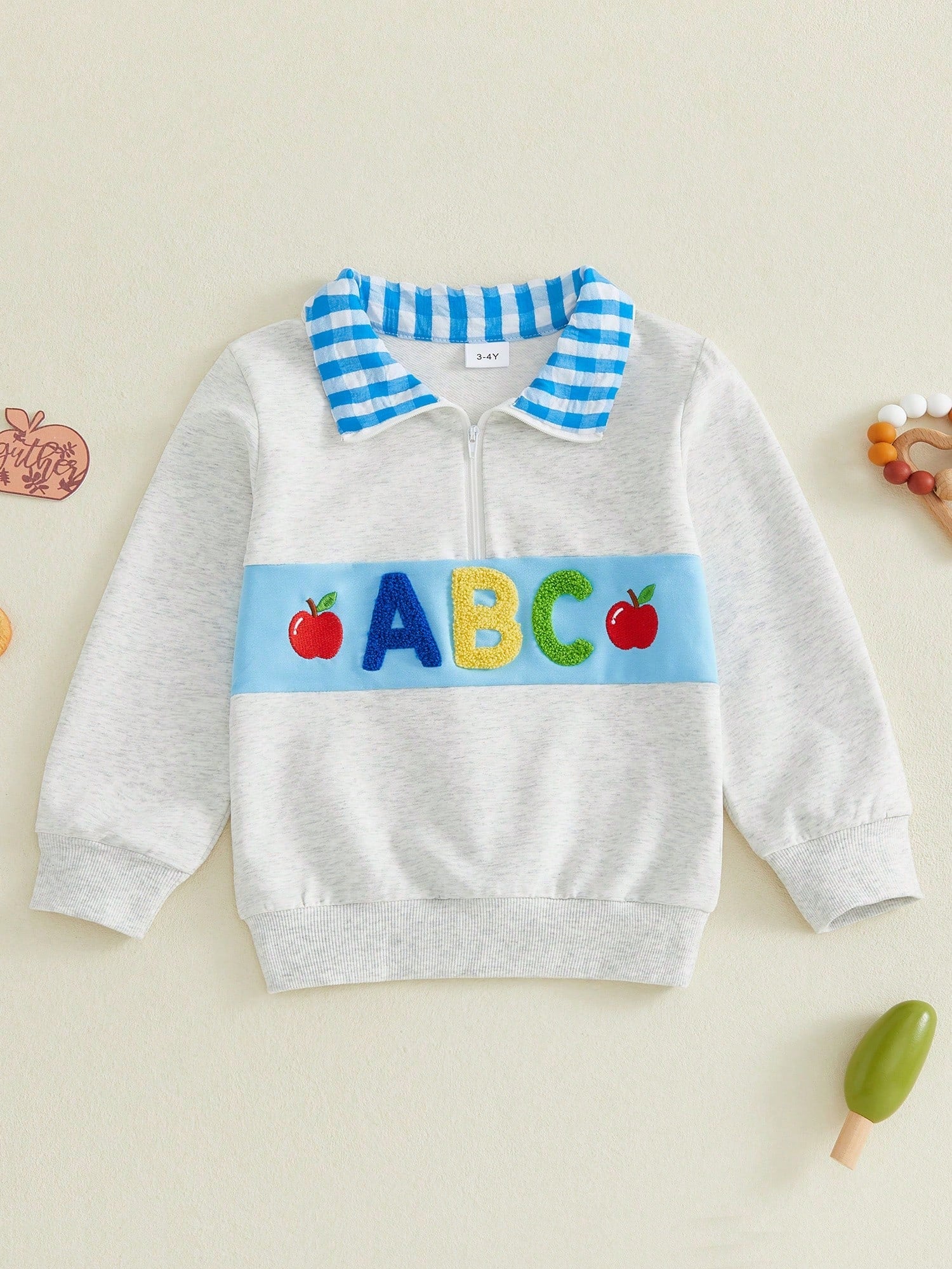 Boys Quarter Zip Sweatshirt Back To School Letter Embroidery Blue Plaid Lapel Long Sleeve Pullover Kids Daily Fall Tops 1-6Y