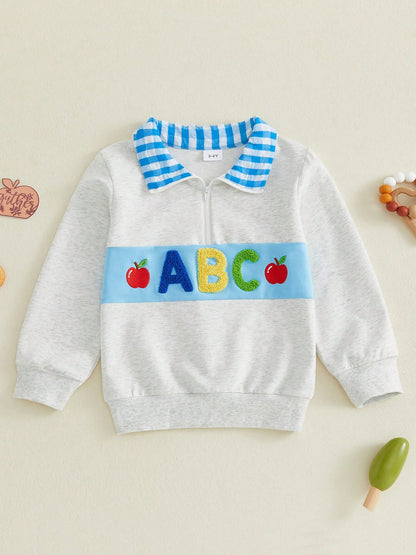 Boys Quarter Zip Sweatshirt Back To School Letter Embroidery Blue Plaid Lapel Long Sleeve Pullover Kids Daily Fall Tops 1-6Y