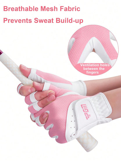 Breathable Sweat-Wicking Golf Gloves With Adjustable Hook And Loop Fingerless Microfiber Golf Glove For Female Players Aesthetic Golf Grips For Summer Training Session High-Elasticity Soft Grip Lightw