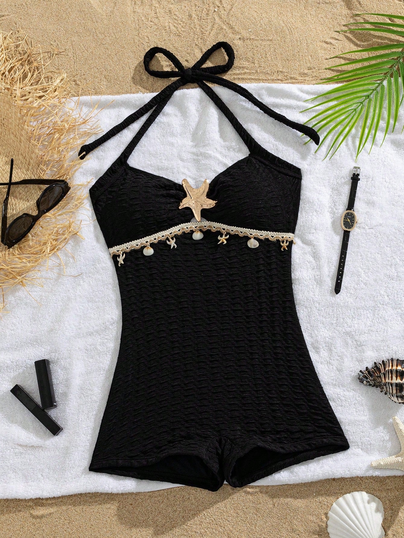Breezaya 1pc Solid Color Halter Neck Bikini Bottom Design Women's Vacation Style Swimsuit