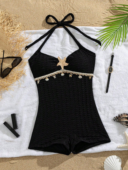 Breezaya 1pc Solid Color Halter Neck Bikini Bottom Design Women's Vacation Style Swimsuit