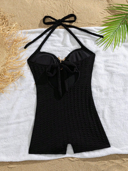 Breezaya 1pc Solid Color Halter Neck Bikini Bottom Design Women's Vacation Style Swimsuit
