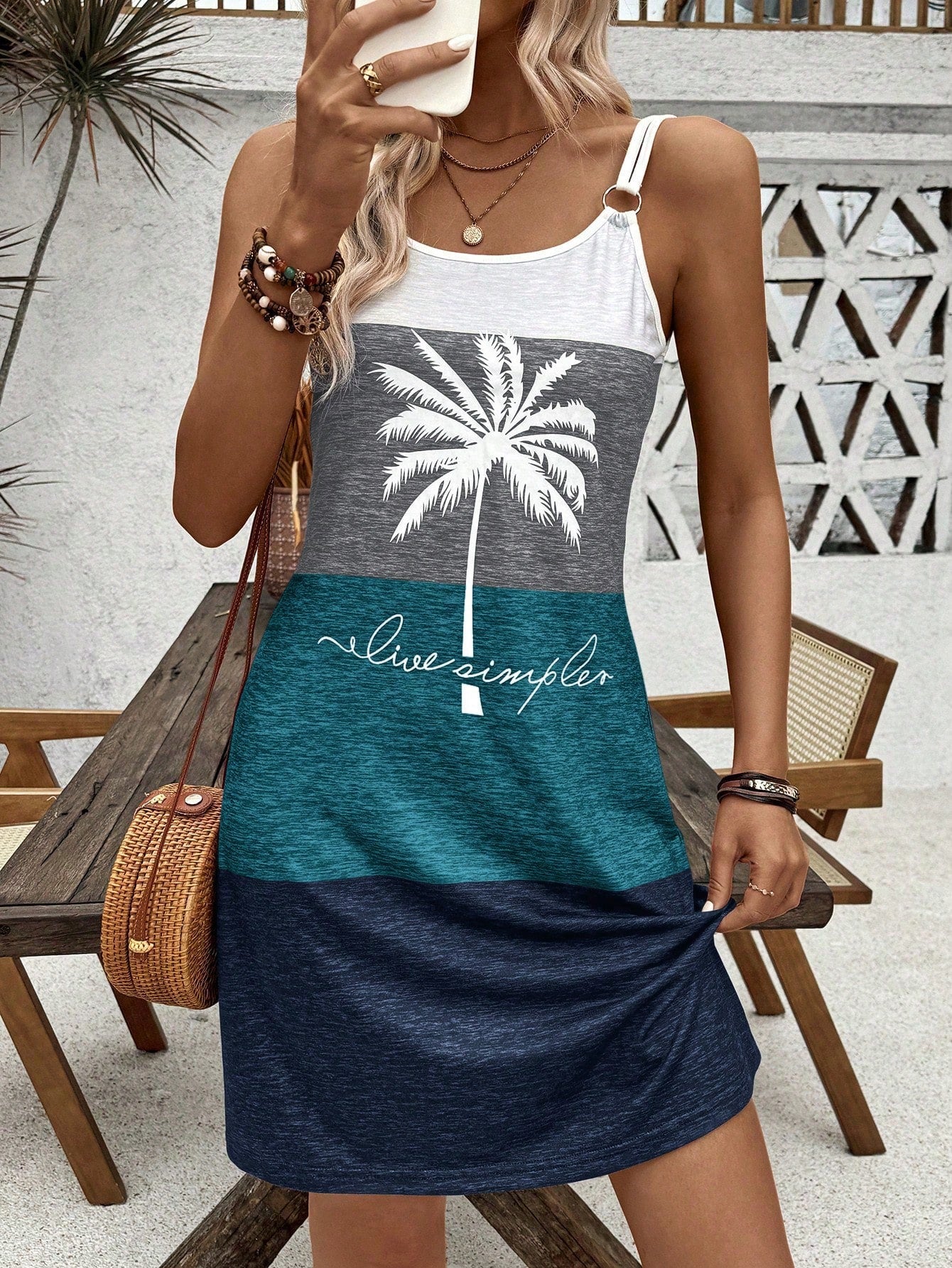 Breezaya Color Block Coconut Tree & Letter Printed Slip Dress With Double Strap And Ring Detail, For Vacation Vacation Beach Outfits Women