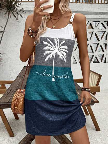 Breezaya Color Block Coconut Tree & Letter Printed Slip Dress With Double Strap And Ring Detail, For Vacation Vacation Beach Outfits Women