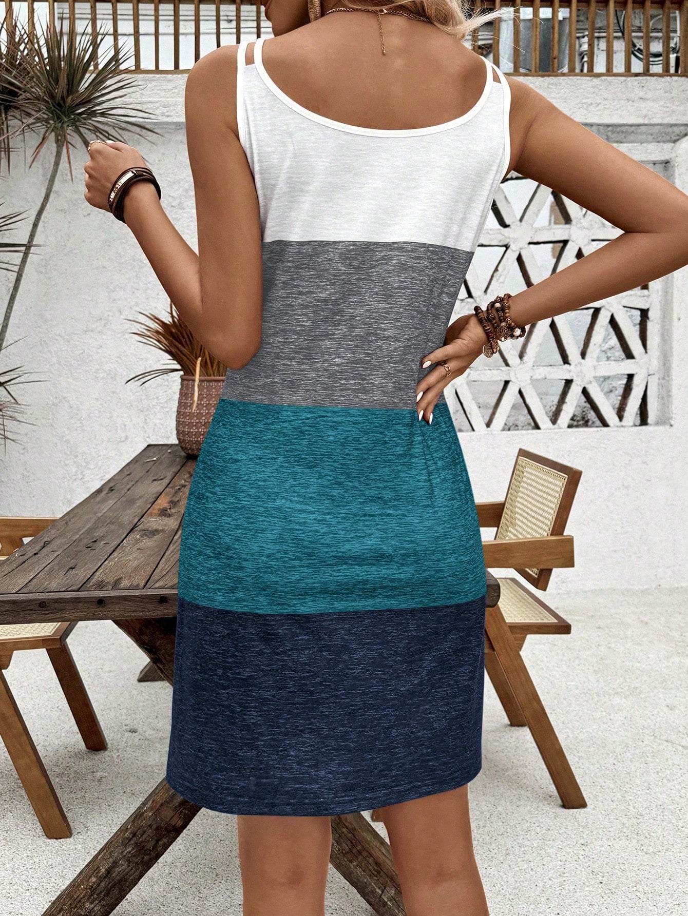 Breezaya Color Block Coconut Tree & Letter Printed Slip Dress With Double Strap And Ring Detail, For Vacation Vacation Beach Outfits Women