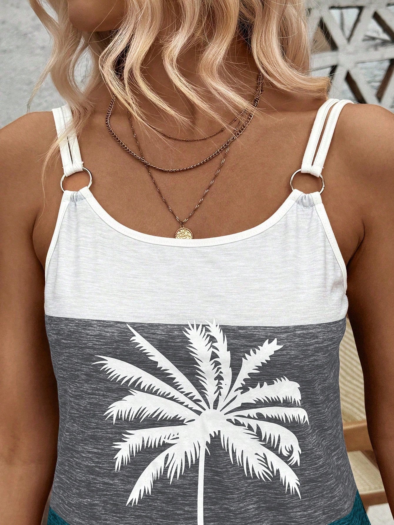 Breezaya Color Block Coconut Tree & Letter Printed Slip Dress With Double Strap And Ring Detail, For Vacation Vacation Beach Outfits Women