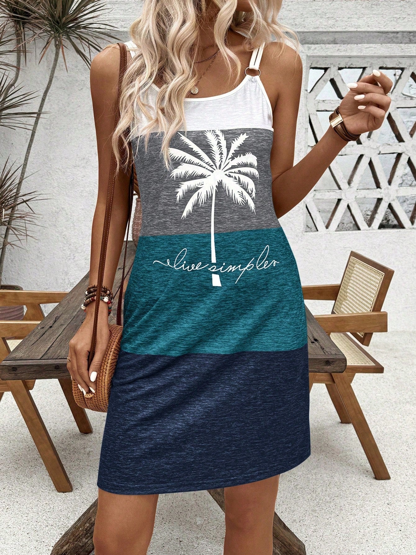 Breezaya Color Block Coconut Tree & Letter Printed Slip Dress With Double Strap And Ring Detail, For Vacation Vacation Beach Outfits Women