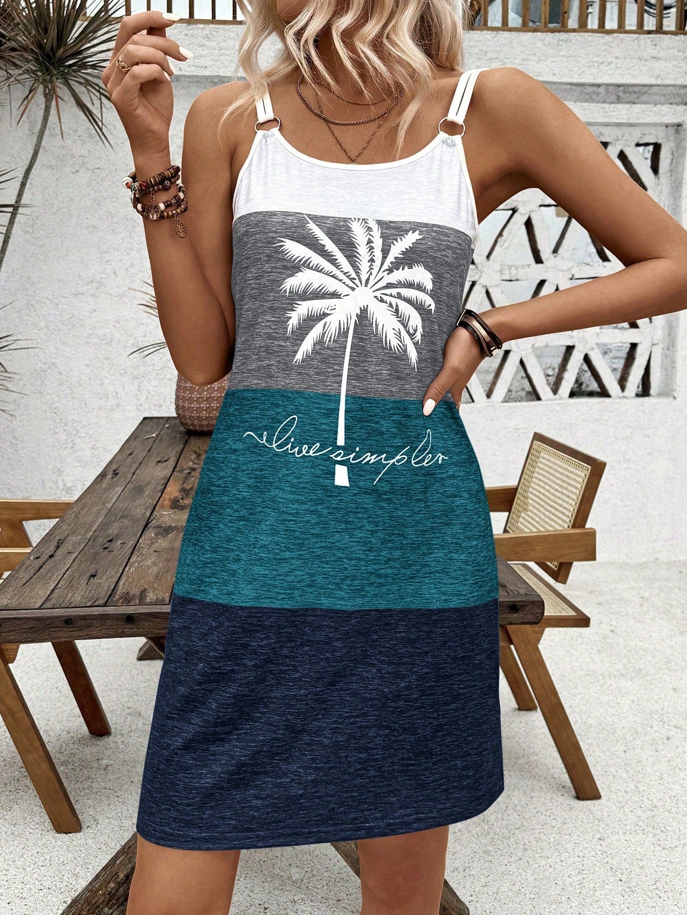 Breezaya Color Block Coconut Tree & Letter Printed Slip Dress With Double Strap And Ring Detail, For Vacation Vacation Beach Outfits Women
