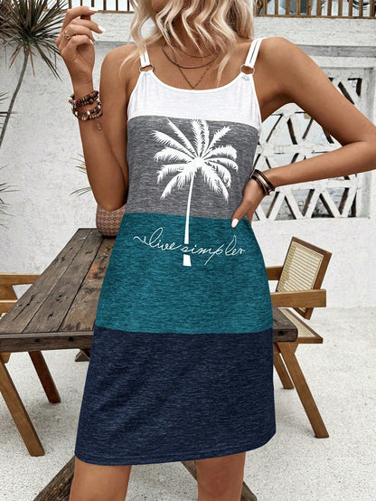Breezaya Color Block Coconut Tree & Letter Printed Slip Dress With Double Strap And Ring Detail, For Vacation Vacation Beach Outfits Women