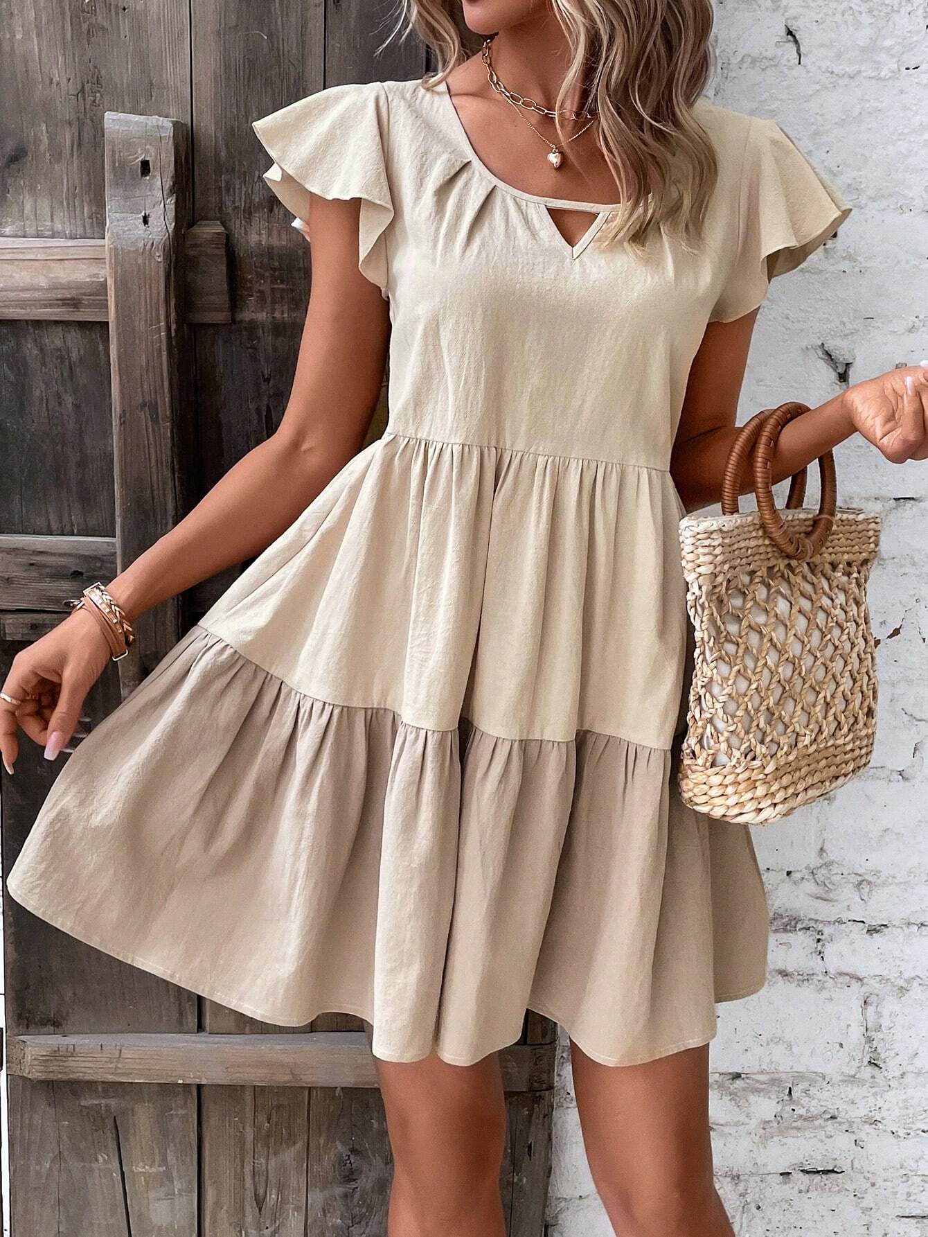 Breezaya Keyhole Neckline Ruffle Hem Smock Dress Vacation Beach Outfits Women