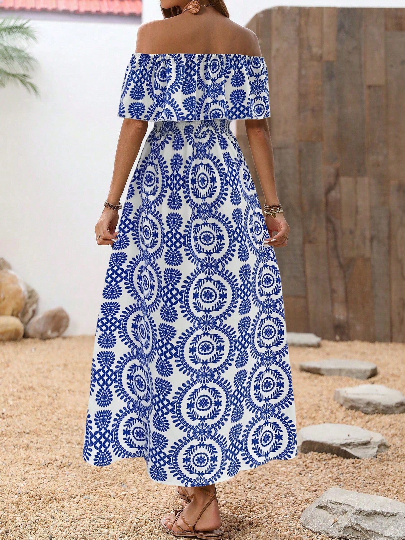Breezaya Plants Print Off Shoulder Split Thigh Dress For Summer Vacation Maxi Vacation Beach Outfits Women